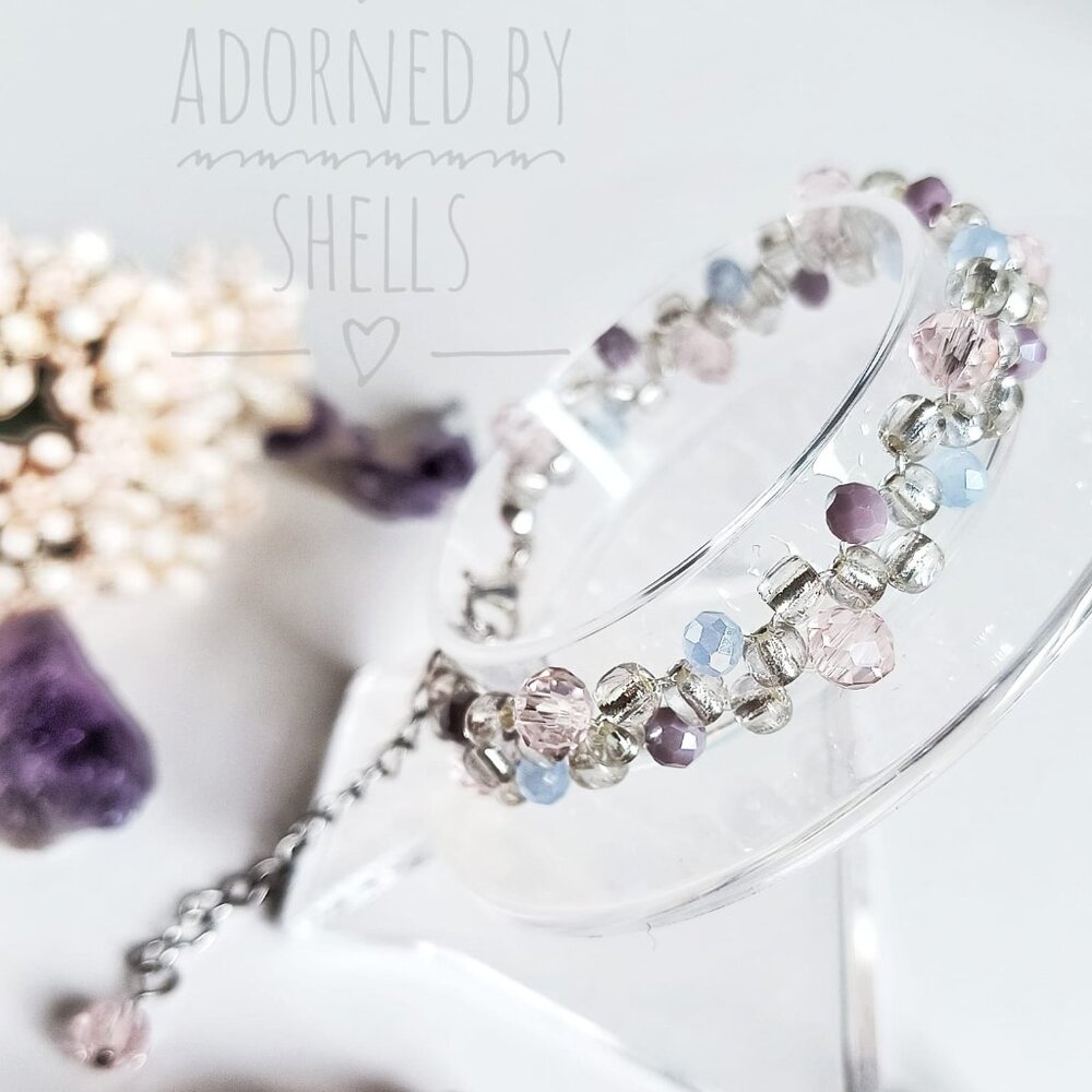 Aqua Mauve Crystals Beaded Bracelet, Non-Tarnish Minimalist Dainty Jewelry